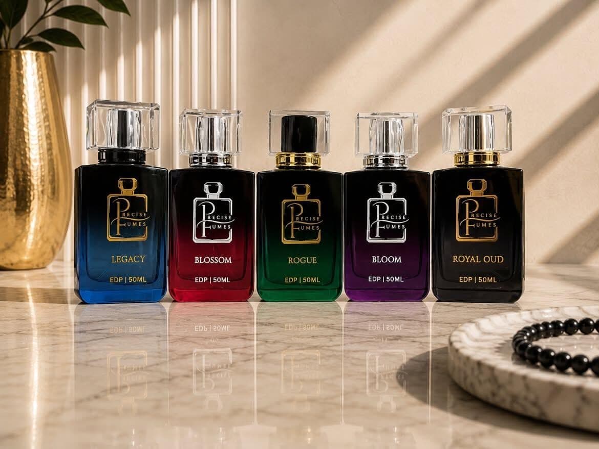 The five Precise Fumes fragrances — Legacy, Blossom, Rogue, Bloom and Royal Oud