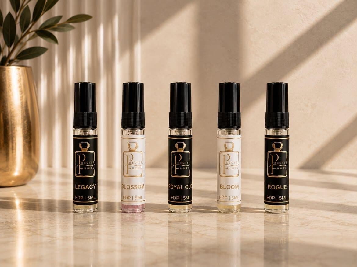Precise Fumes 5ml testers — Legacy, Blossom, Royal Oud, Bloom and Rogue